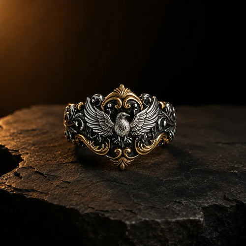 Baroque Raven Crest Ring, two-tone sterling silver and 18K gold-accent finish, front view