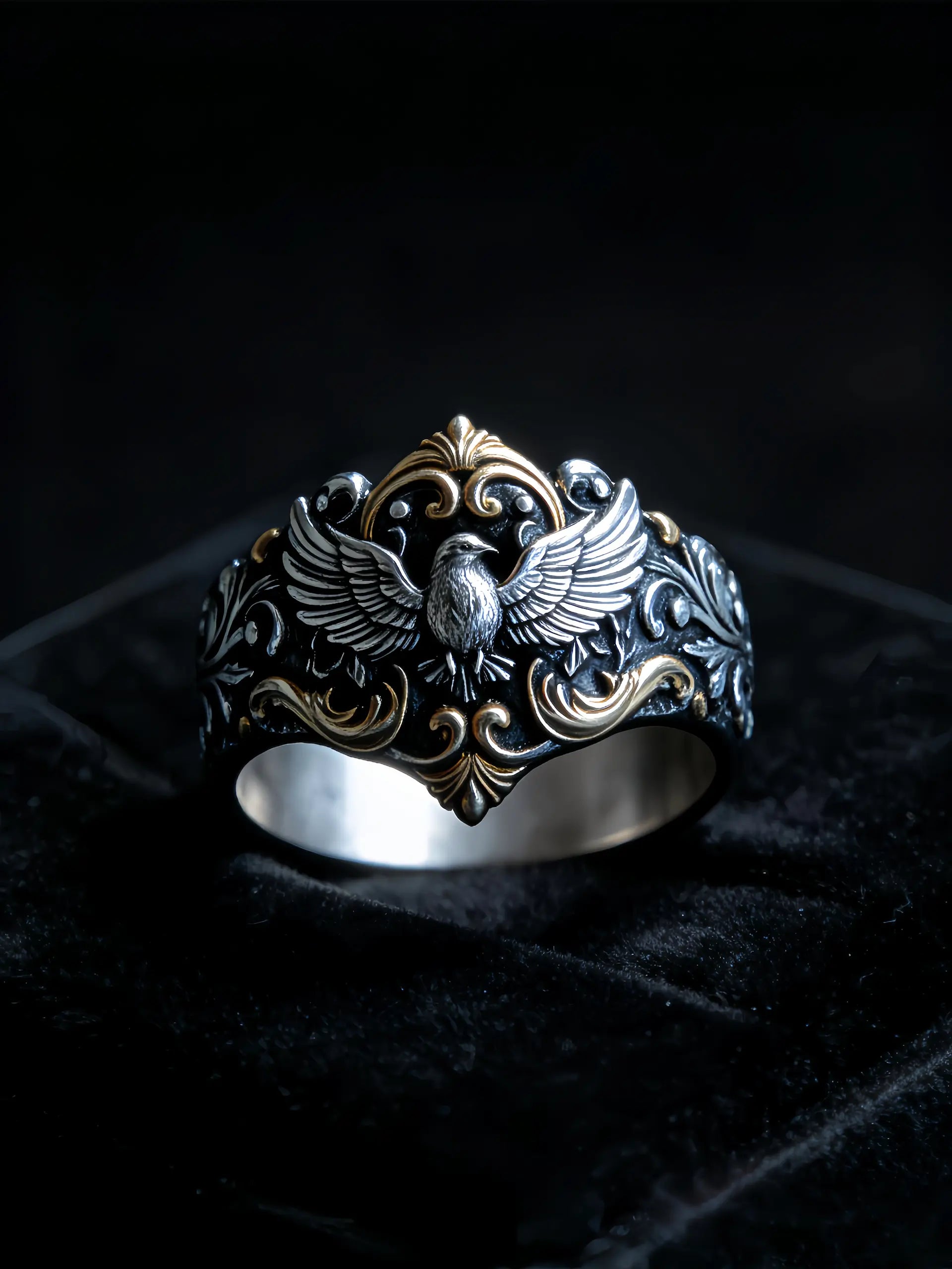 Baroque Raven Crest Ring, raven motif framed by baroque scrollwork, two-tone finish