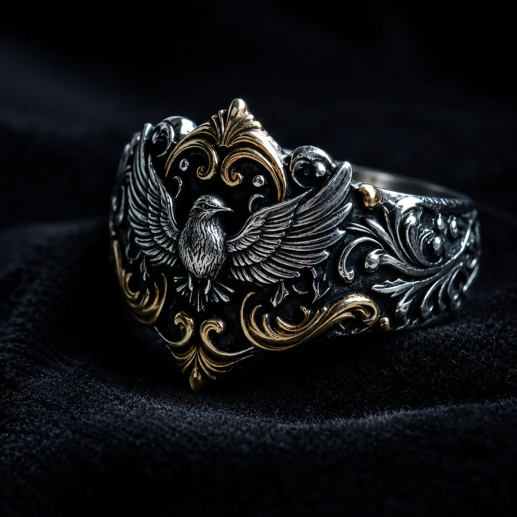 Baroque Raven Crest Ring close-up, raven relief and 18K gold-accented scrollwork