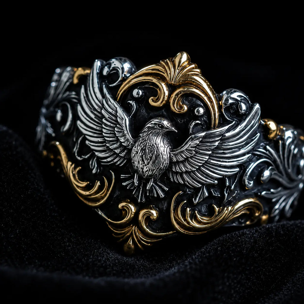 Baroque Raven Crest Ring detail, raven crest carving close-up