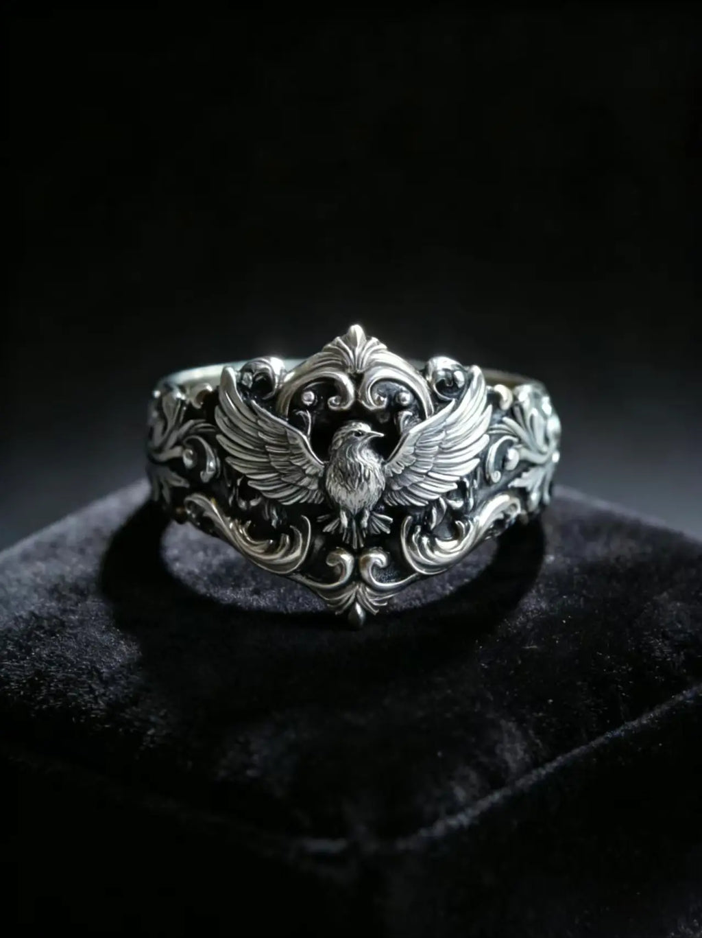 Baroque Raven Crest Ring, Sterling Silver finish, oxidized raven crest without gold accent