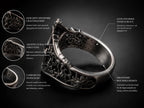 Cutaway detail of gothic cathedral ring — comfort-fit inner band, satin-polished interior, and architectural openwork craftsmanship, 925 sterling silver