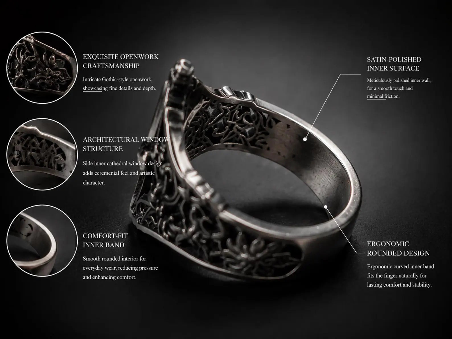 Cutaway detail of gothic cathedral ring — comfort-fit inner band, satin-polished interior, and architectural openwork craftsmanship, 925 sterling silver