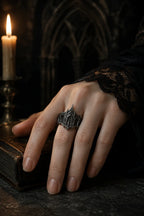 Cathedral Crown Ring worn on hand beside a candle, Gothic statement jewelry