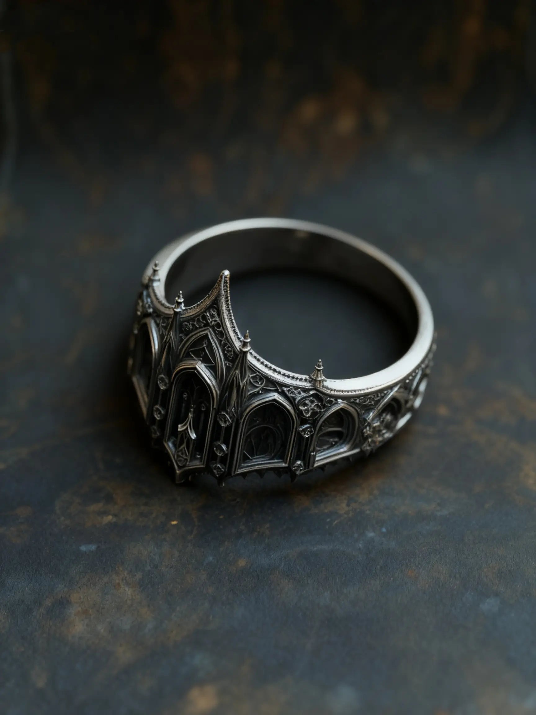 Cathedral Crown Ring close-up, rose-window tracery and flying buttresses