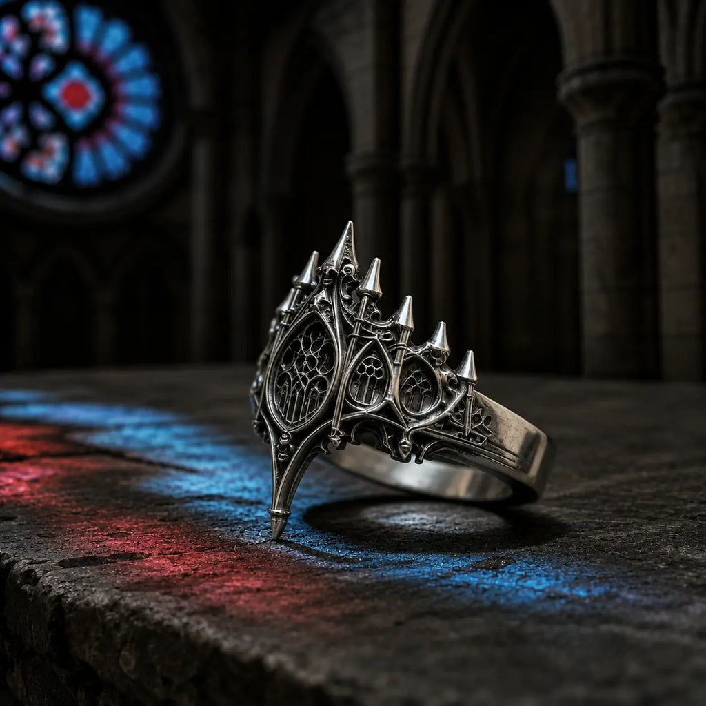 Basilica Rosette Ring side profile showing the tall pinnacle crown and tapered shank