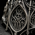 Close-up of the Basilica Rosette Ring's rose window tracery and pinnacles