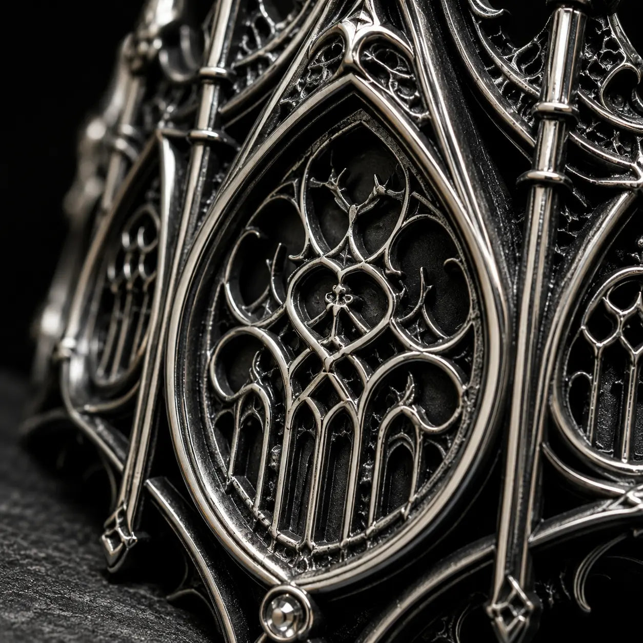 Close-up of the Basilica Rosette Ring's rose window tracery and pinnacles