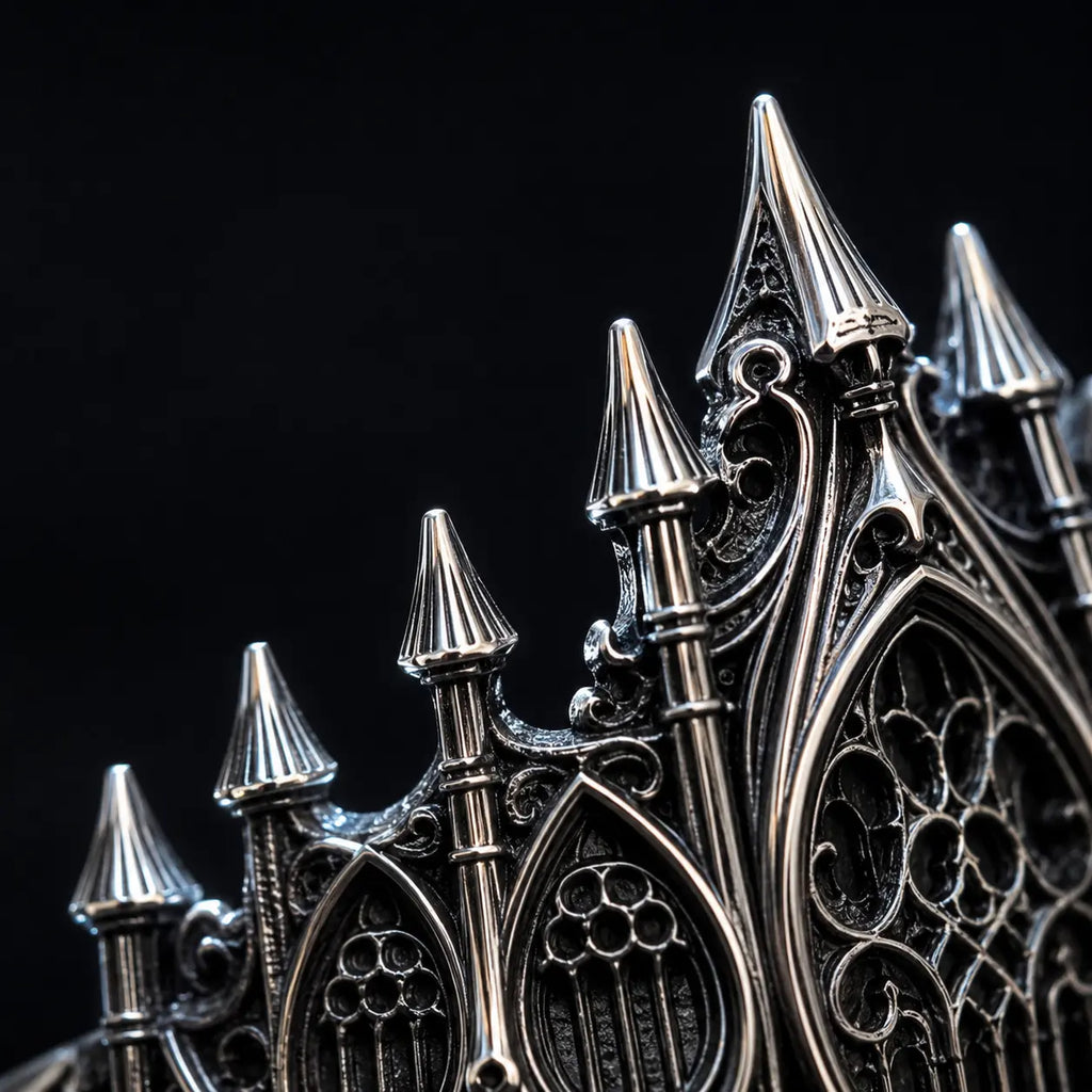 Macro detail of the Basilica Rosette Ring's pinnacle tips in polished oxidized silver