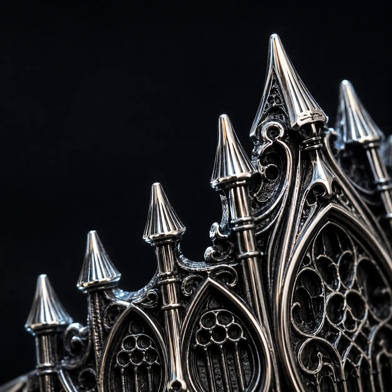 Macro detail of the Basilica Rosette Ring's pinnacle tips in polished oxidized silver