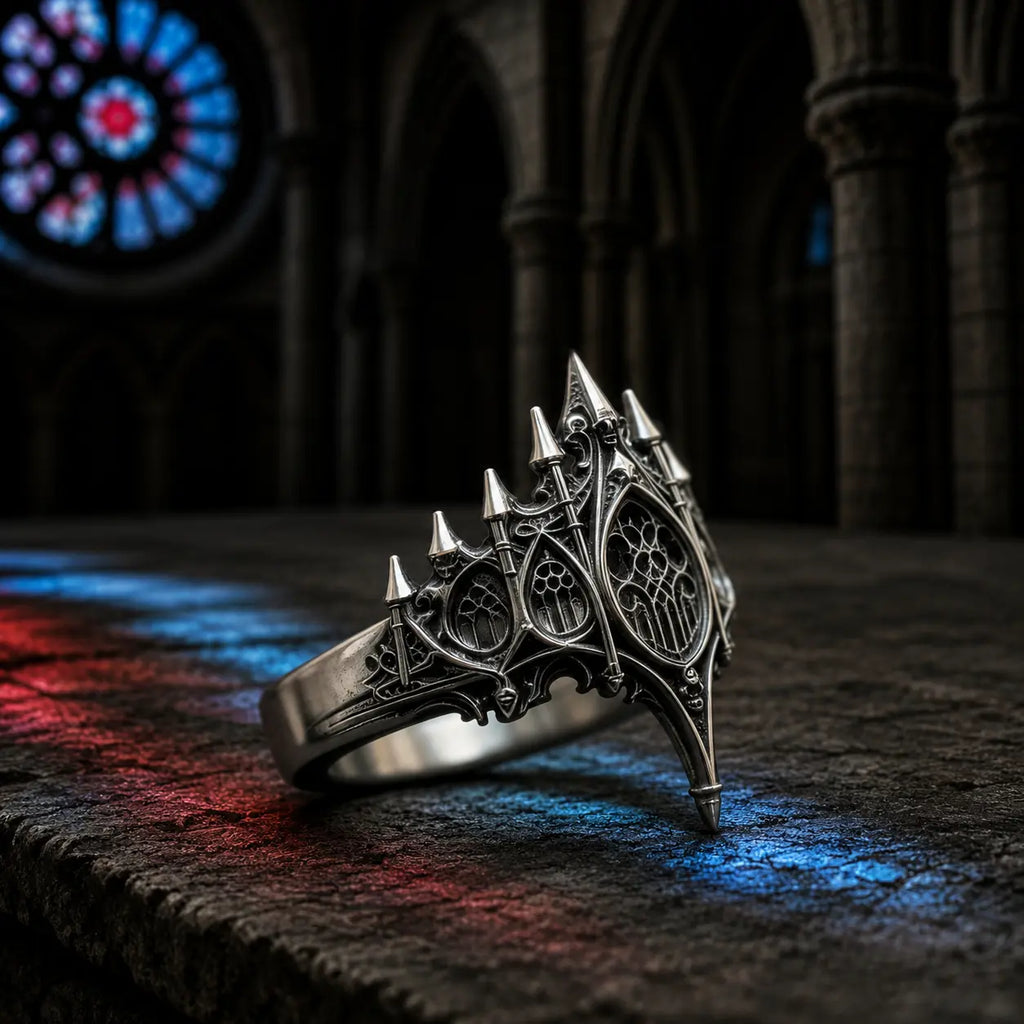 Basilica Rosette Ring three-quarter angle on a stone ledge with cathedral stained glass