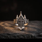 Spire Cross Ring, sterling silver Gothic cathedral spire and cross, front view on stone