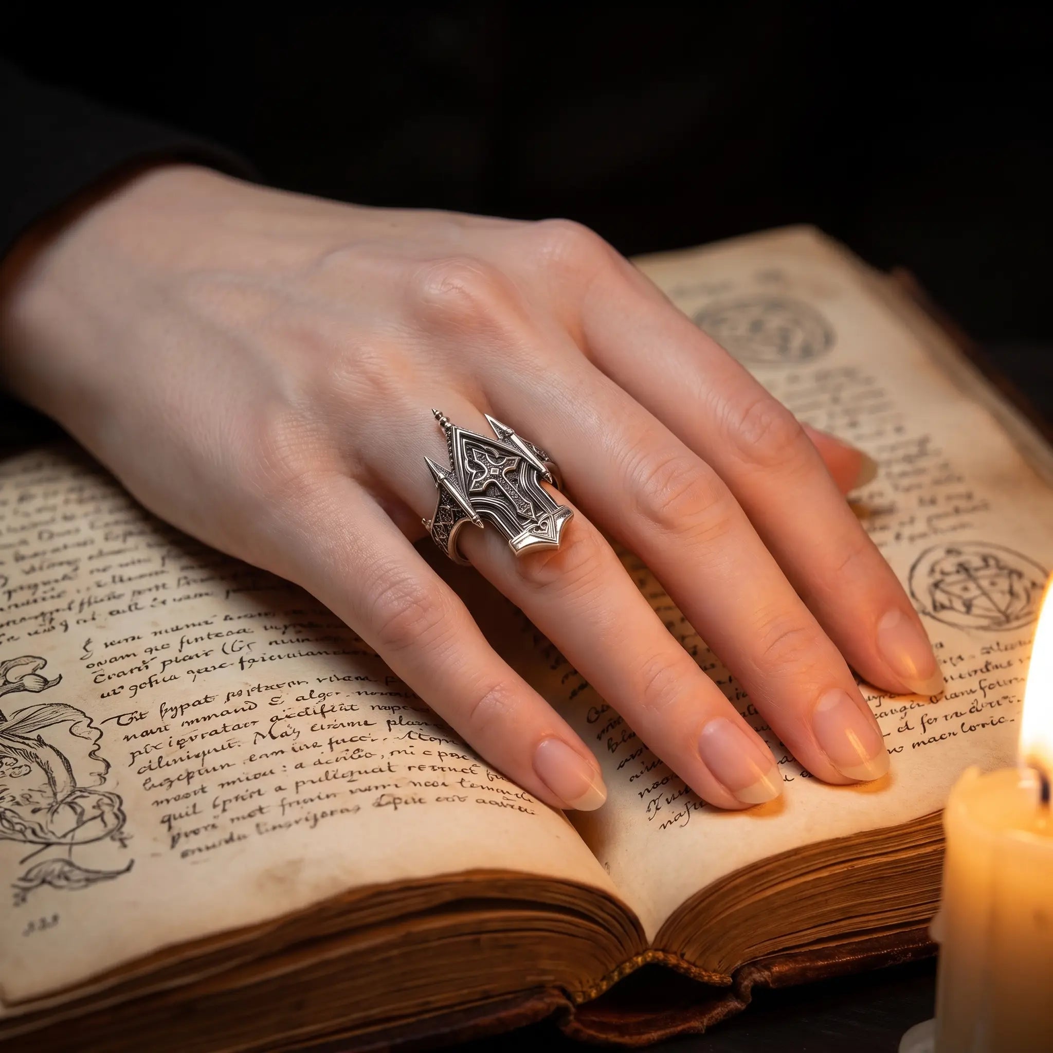 Spire Cross Ring worn on hand resting on an open antique book beside a candle