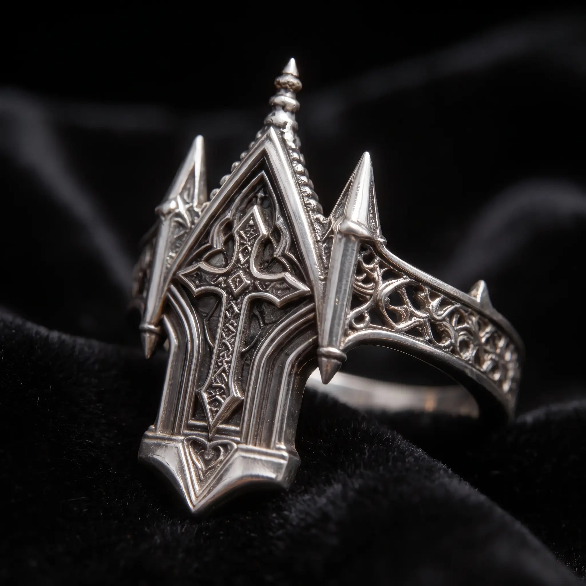 Spire Cross Ring close-up side angle, carved quatrefoil relief on the shoulders