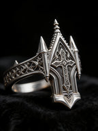 Spire Cross Ring detail, carved Gothic cross and pointed spires