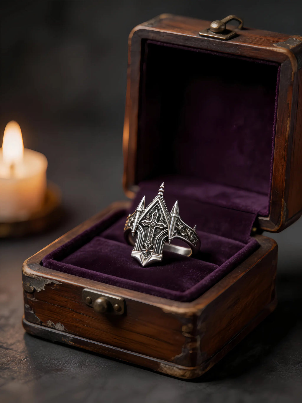 Spire Cross Ring, oxidized sterling silver spire detail close-up