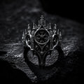 Gothic 925 sterling silver cathedral rose window crown ring — multi-layered radial tracery front view