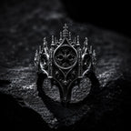 Gothic 925 sterling silver cathedral rose window crown ring — multi-layered radial tracery front view