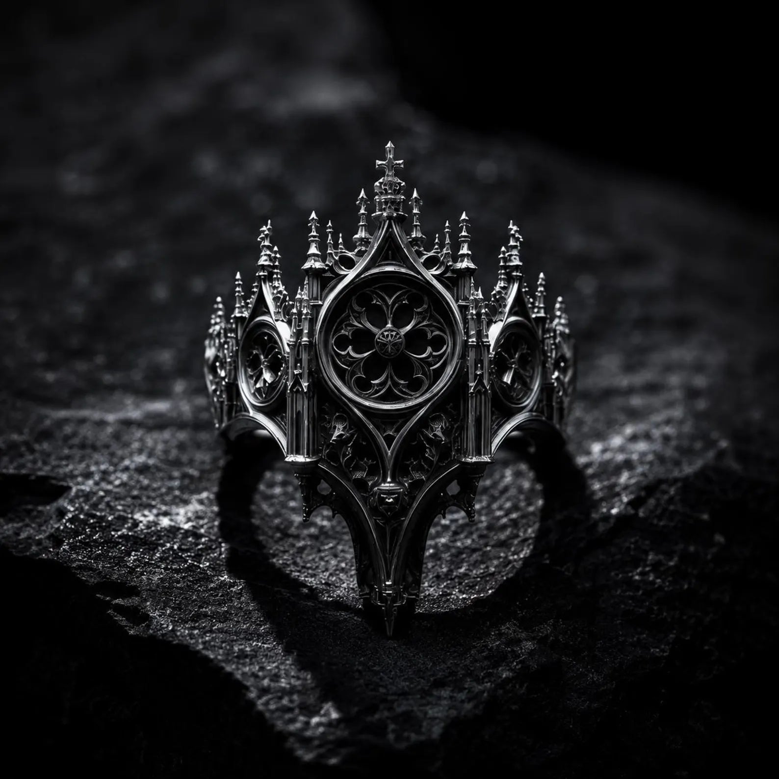 Gothic 925 sterling silver cathedral rose window crown ring — multi-layered radial tracery front view