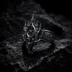 Cathedral rose window crown ring side profile — micro-pinnacles and tapered comfort-fit band, custom engraving available