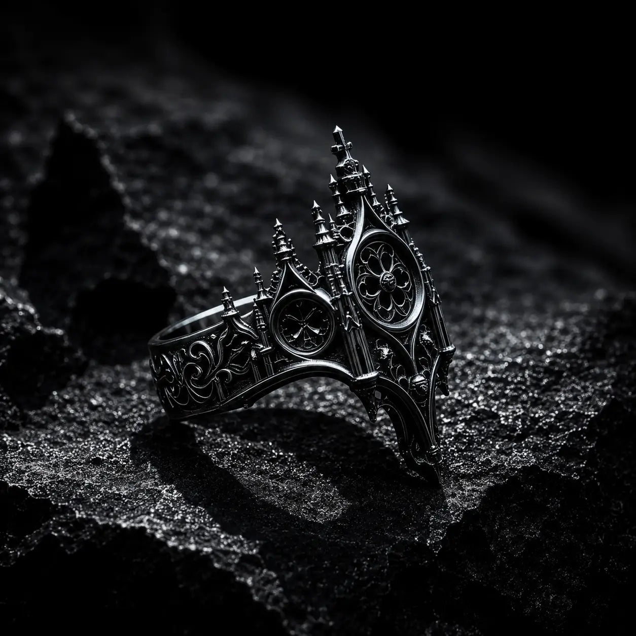 Cathedral rose window crown ring side view — circular radial symmetry of Gothic wheel window in 925 sterling silver