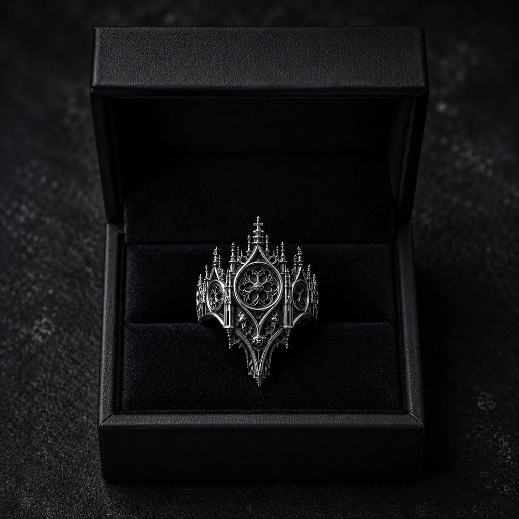 Gothic rose window ring — Dark Academia alternative engagement ring in handcrafted 925 sterling silver, shadow crown profile