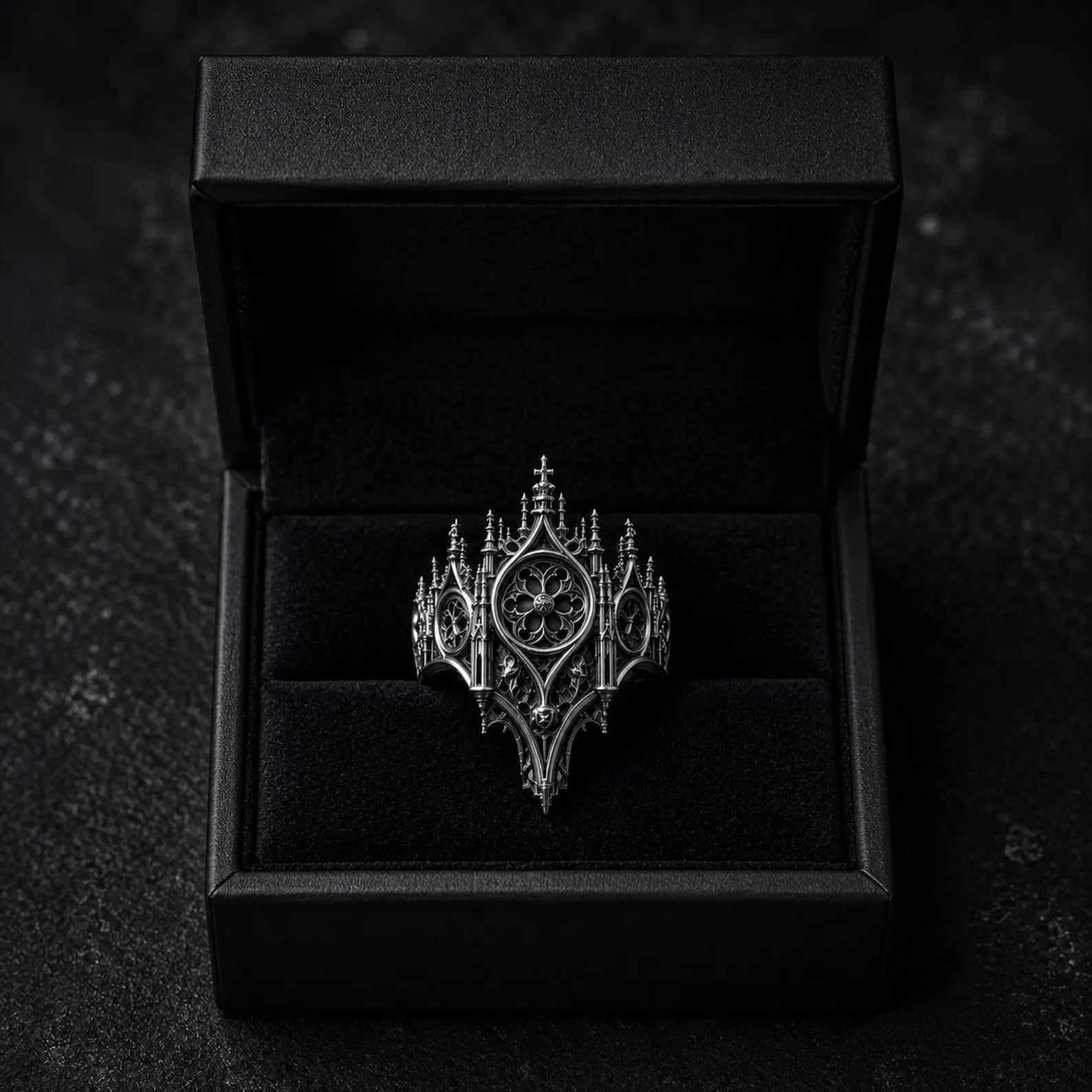 Gothic rose window ring — Dark Academia alternative engagement ring in handcrafted 925 sterling silver, shadow crown profile