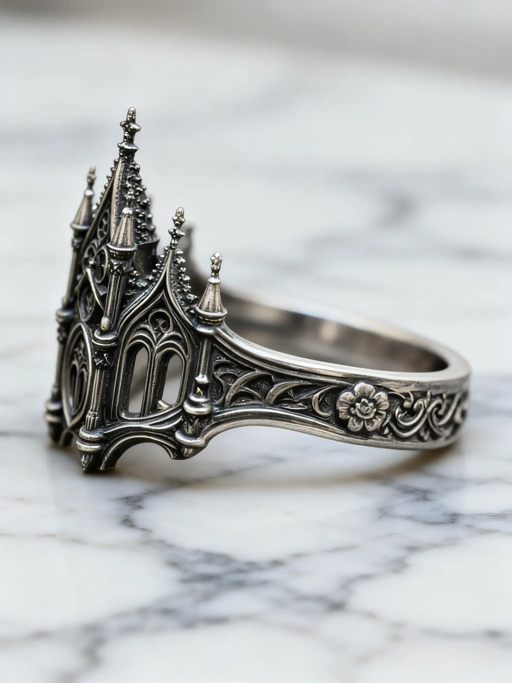 Sacred Gateway Cathedral Ring – close-up of hand-oxidized gothic tracery and pinnacle detail