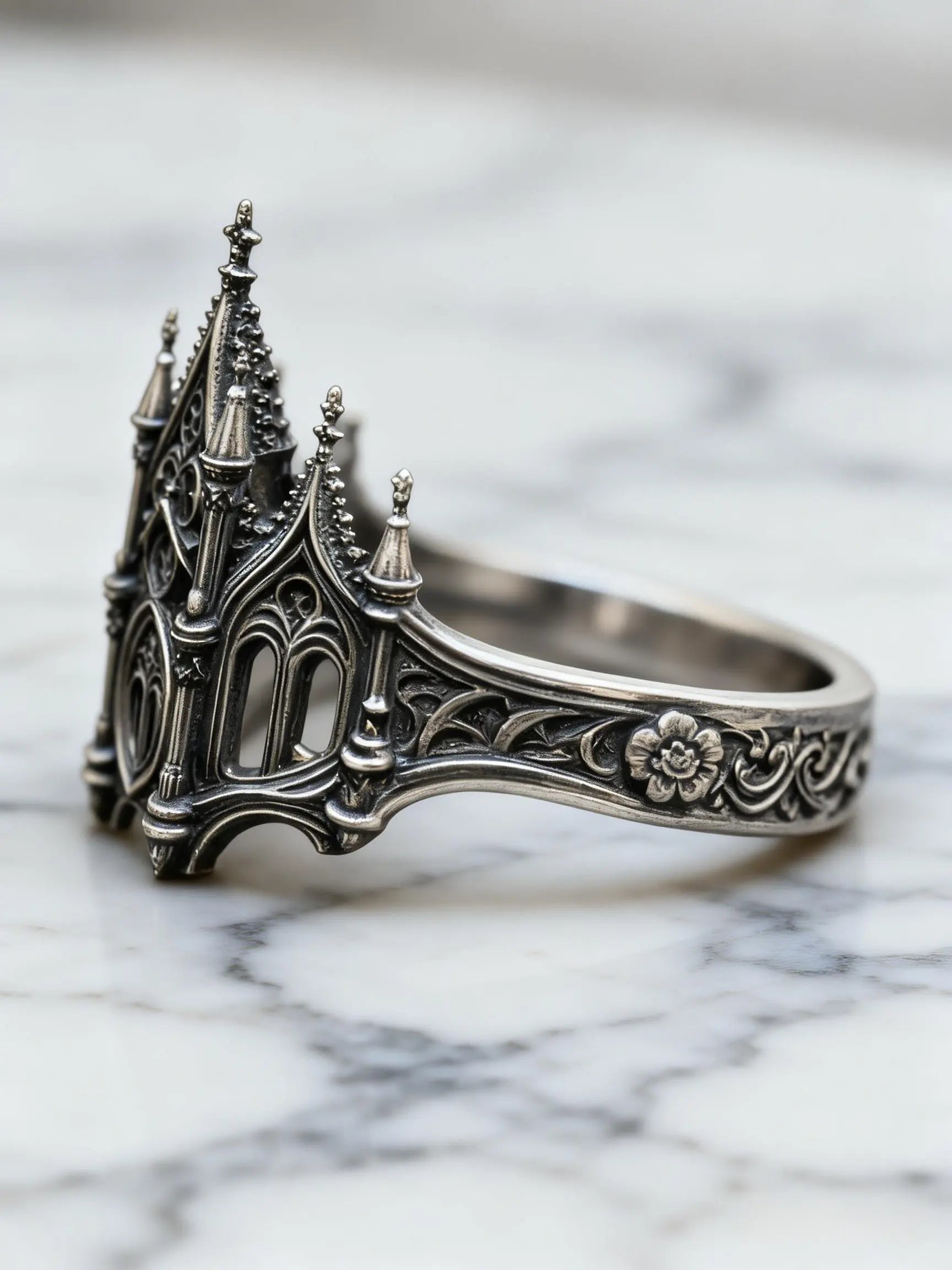 Sacred Gateway Cathedral Ring – close-up of hand-oxidized gothic tracery and pinnacle detail