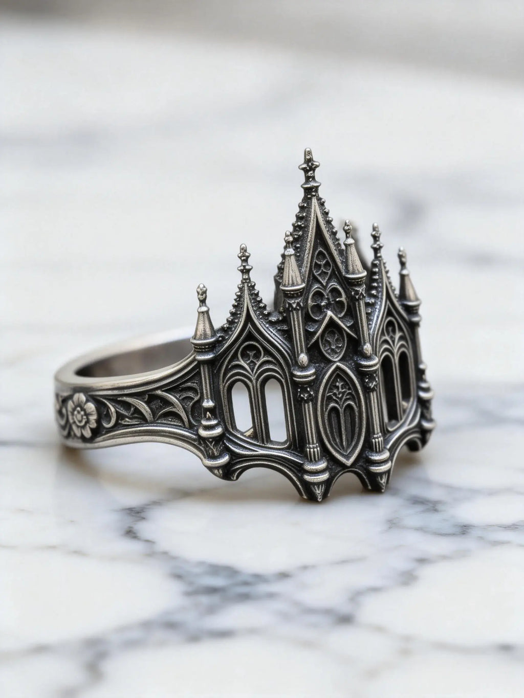 Sacred Gateway Cathedral Ring – angled view showing sky-piercing vertical silhouette