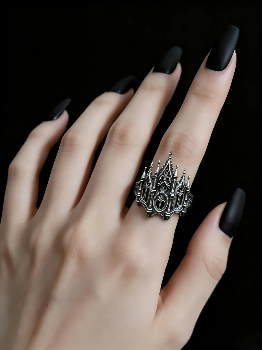 Sacred Gateway Cathedral Ring – gothic sterling silver architectural ring on hand