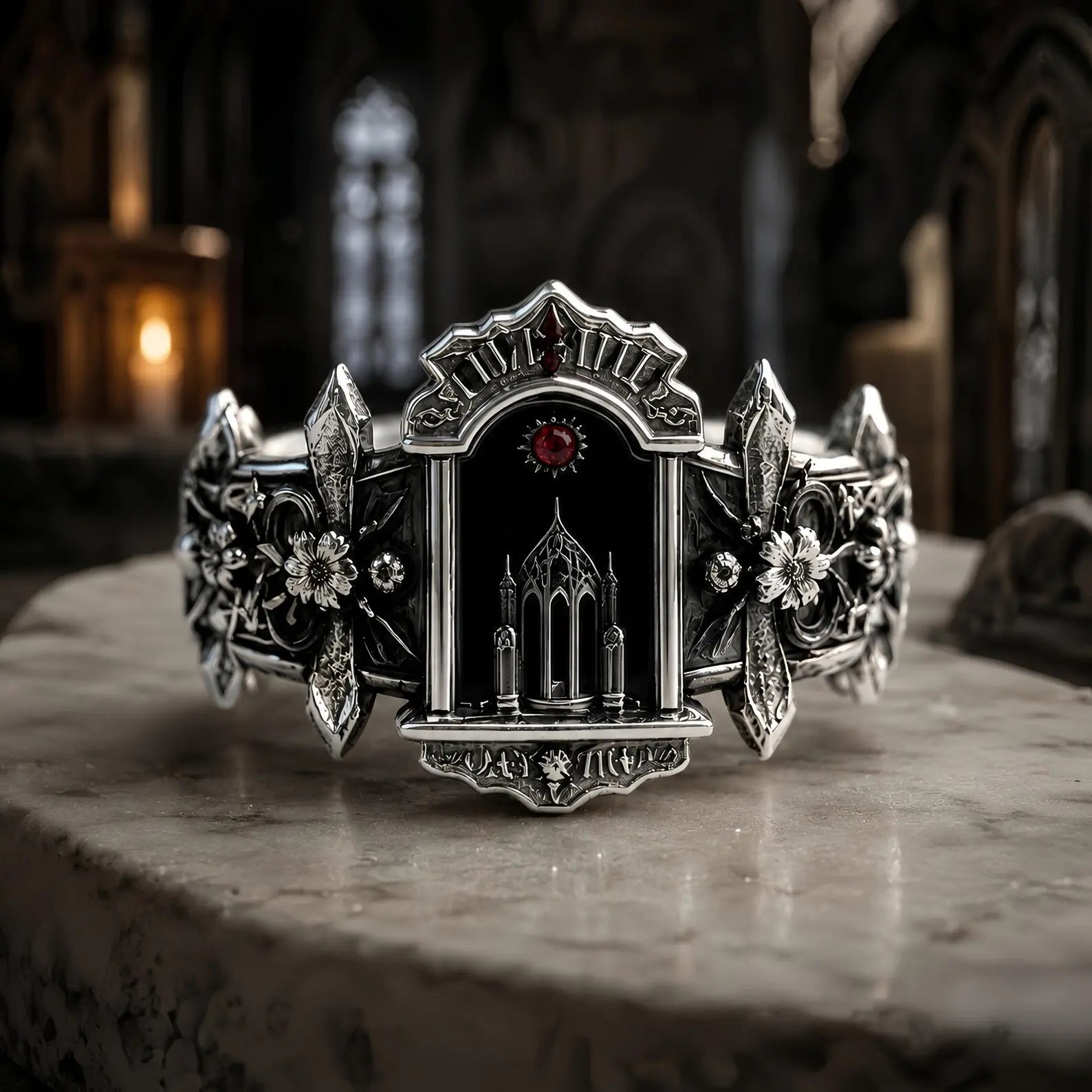 Gothic altar ring in oxidized sterling silver, cathedral arch portal set with a crimson moissanite, front view