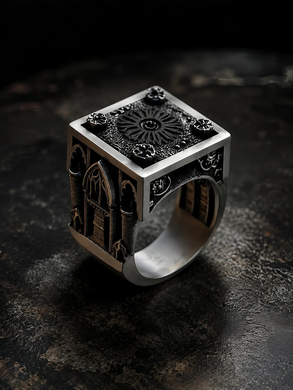 Heavy Gothic cathedral Lord's Signet ring in oxidized 925 sterling silver, rose window top and carved cathedral arches