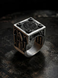 Heavy Gothic cathedral Lord's Signet ring in oxidized 925 sterling silver, rose window top and carved cathedral arches