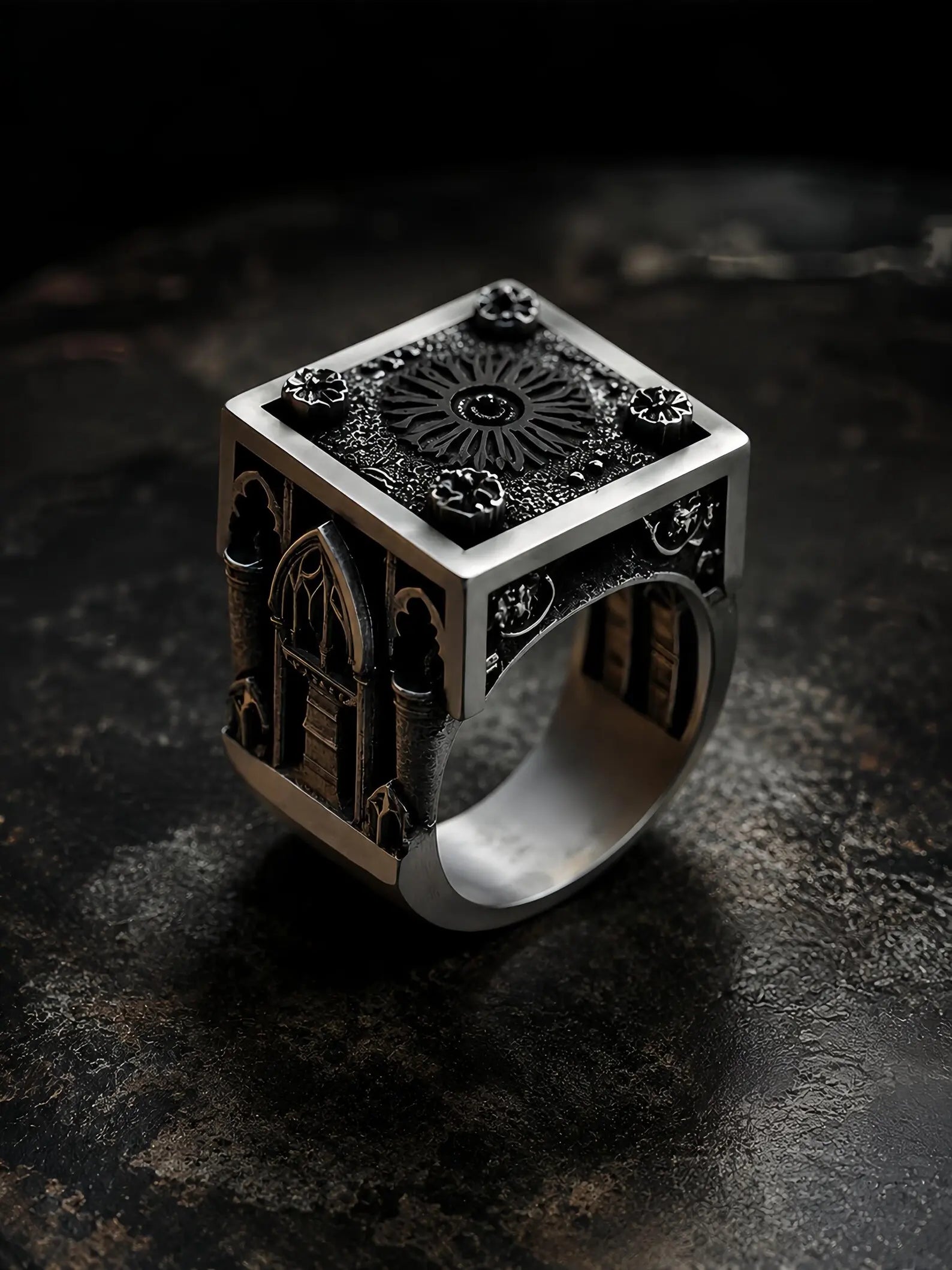 Heavy Gothic cathedral Lord's Signet ring in oxidized 925 sterling silver, rose window top and carved cathedral arches