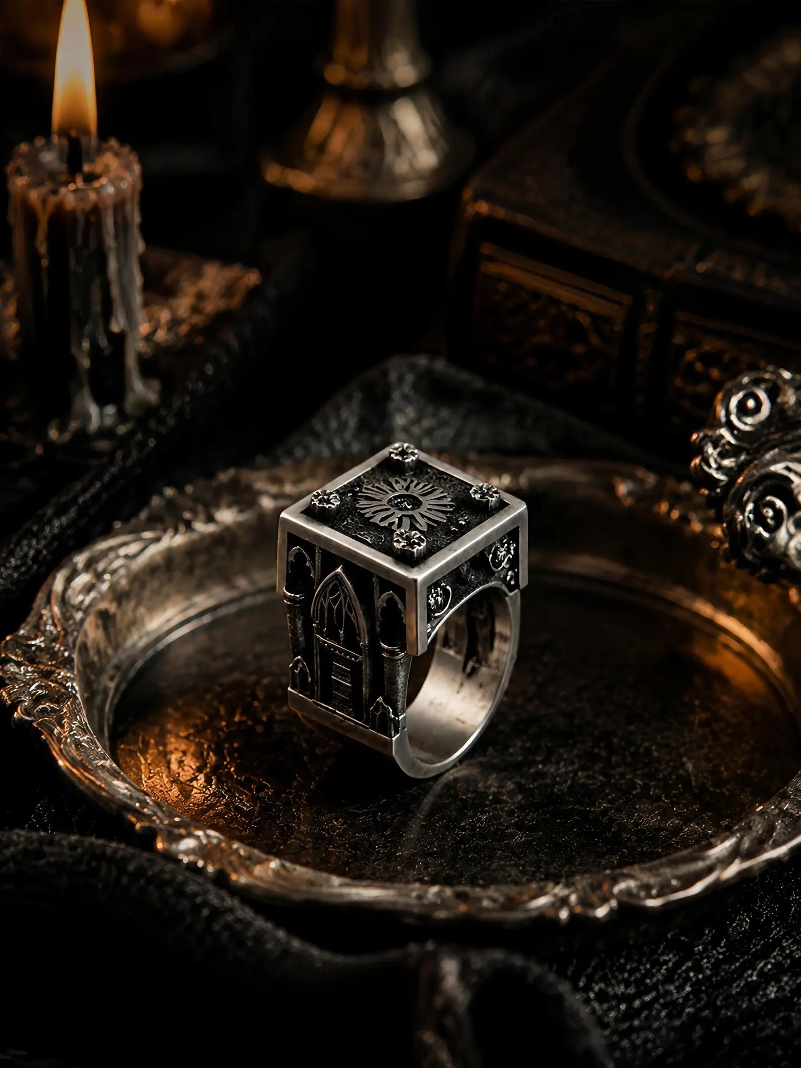The heavy Gothic cathedral Lord's Signet ring in 925 sterling silver, full view