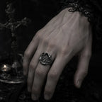 Dark Cathedral Ring detail of the recessed Gothic cathedral spires and pointed arches in oxidized silver