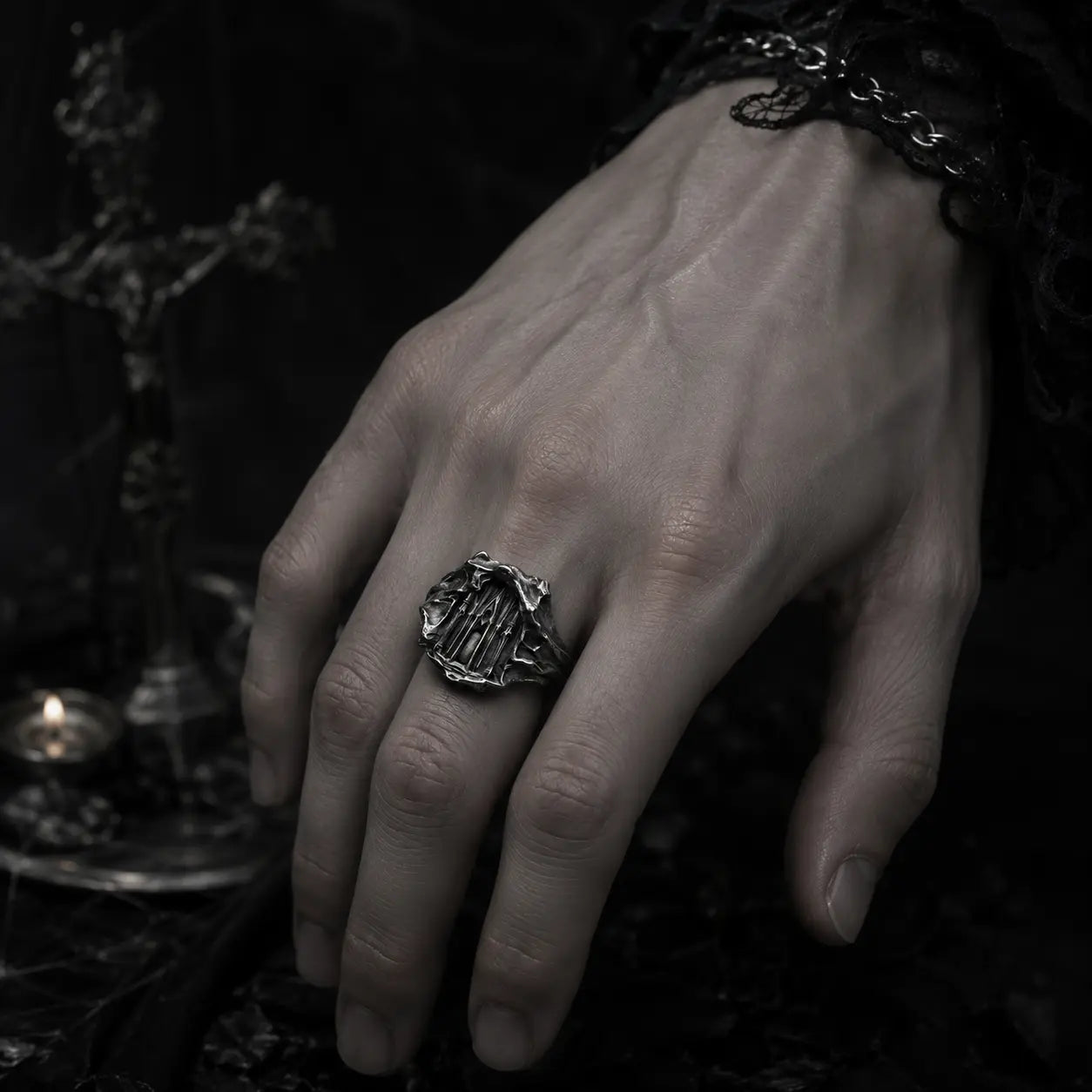 Dark Cathedral Ring detail of the recessed Gothic cathedral spires and pointed arches in oxidized silver