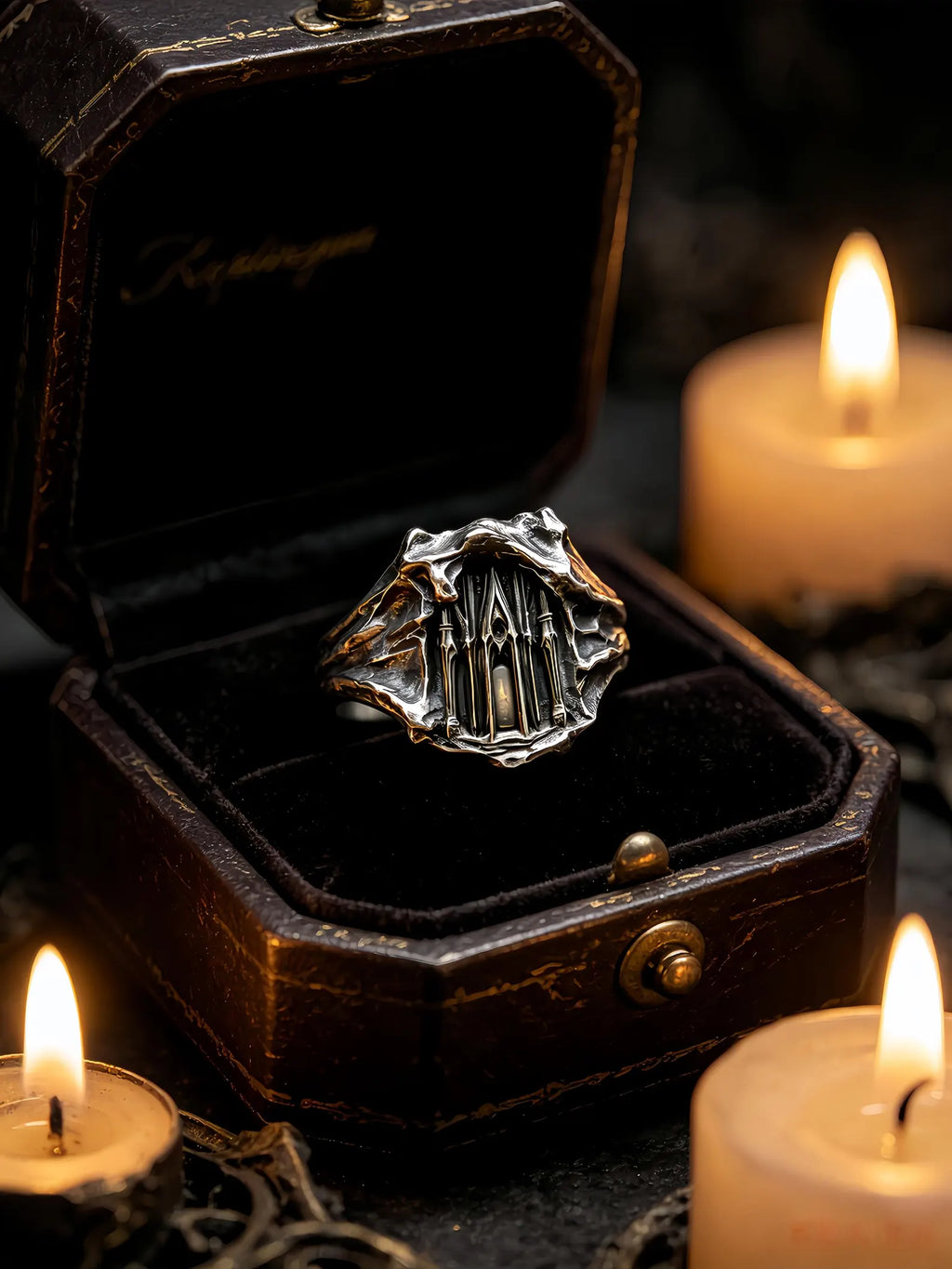 Dark Cathedral Ring, handcrafted oxidized sterling silver dark-fantasy signet, full view