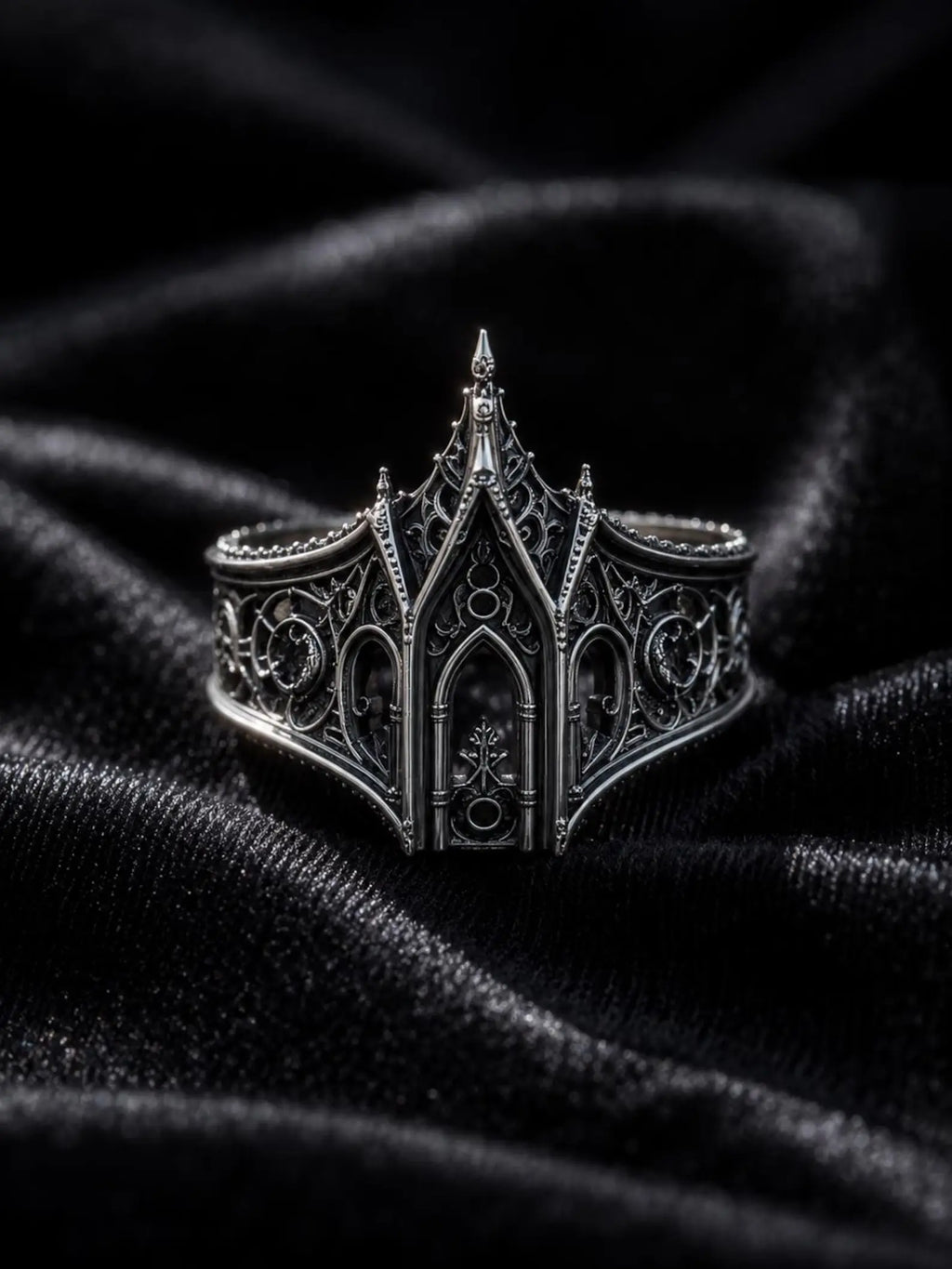 Gothic 925 sterling silver cathedral lancet arch ring — soaring pointed arch band front view