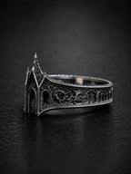 Gothic lancet arch ring side profile — Dark Academia statement piece with custom engraving, sizes 4–13