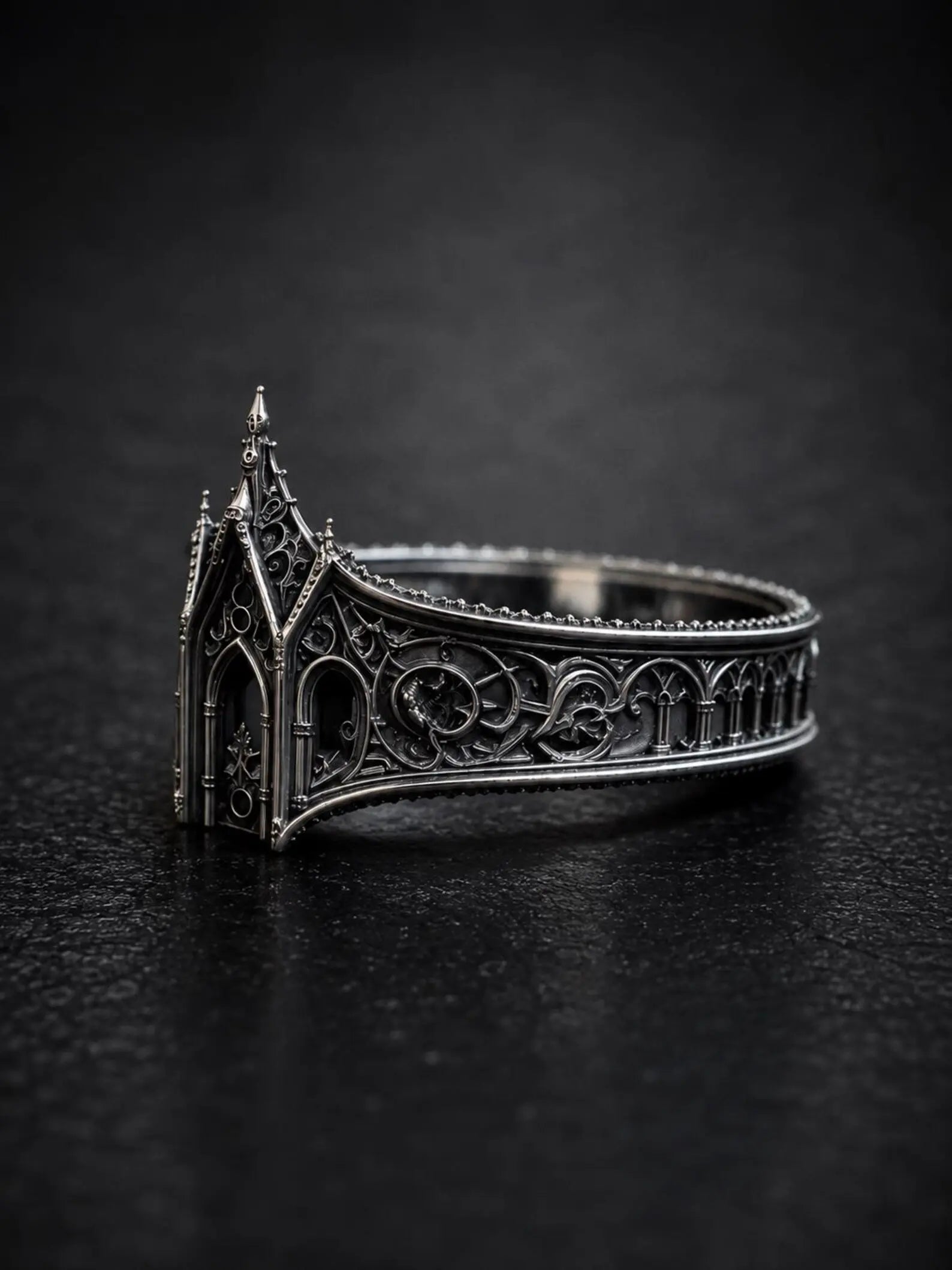 Gothic lancet arch ring side profile — Dark Academia statement piece with custom engraving, sizes 4–13