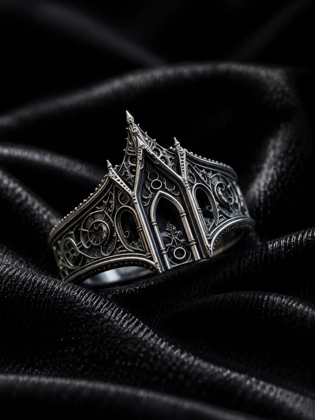 Cathedral lancet arch ring — central high-pointed lancet arch and microscopic pinnacles in sterling silver
