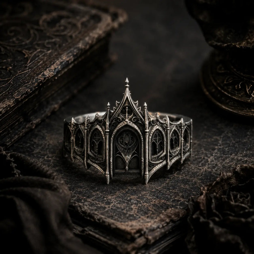 Gothic 925 sterling silver coronet ring — castle filigree crown front view, deep oxidized patina