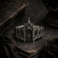 Gothic 925 sterling silver coronet ring — castle filigree crown front view, deep oxidized patina