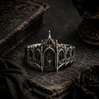Gothic 925 sterling silver coronet ring — castle filigree crown front view, deep oxidized patina