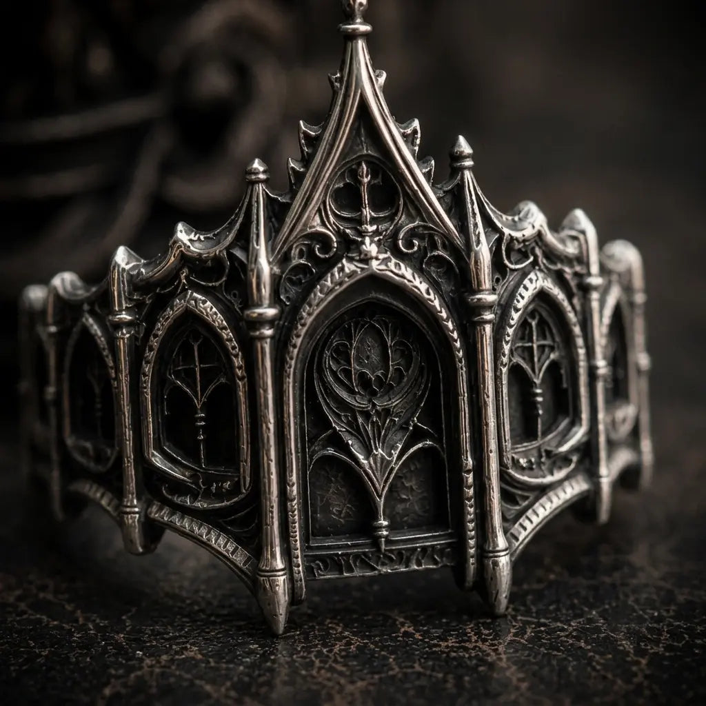 Close-up of gothic coronet ring — carved pointed arches and pinnacles, hand-oxidized silver