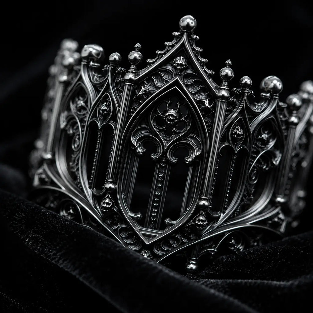 Rampart Crown Ring close-up on black velvet, Gothic rampart pinnacles and open tracery