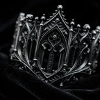 Rampart Crown Ring close-up on black velvet, Gothic rampart pinnacles and open tracery