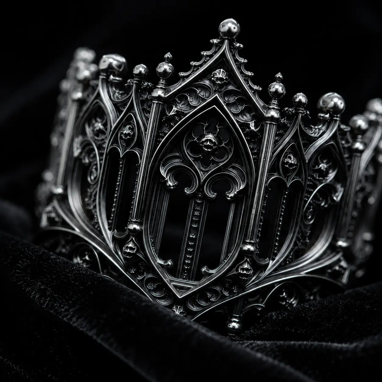 Rampart Crown Ring close-up on black velvet, Gothic rampart pinnacles and open tracery